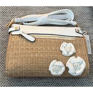 Liz & Claiborne tan/white straw crossbody with floral accents (NWT)